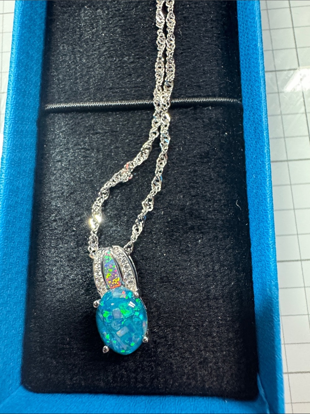 Mosaic Opal Triplet/Lab Opal/ .10CTW White Zircon Rhodium Over Silver Necklace